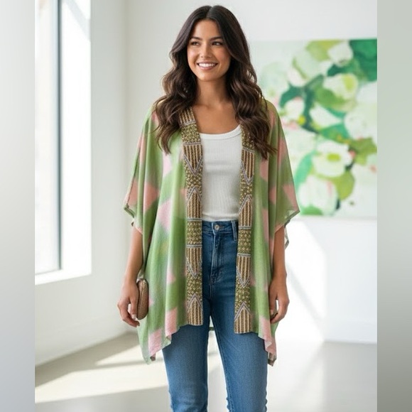 Tops - Hand Beaded Green and Pink Kimono